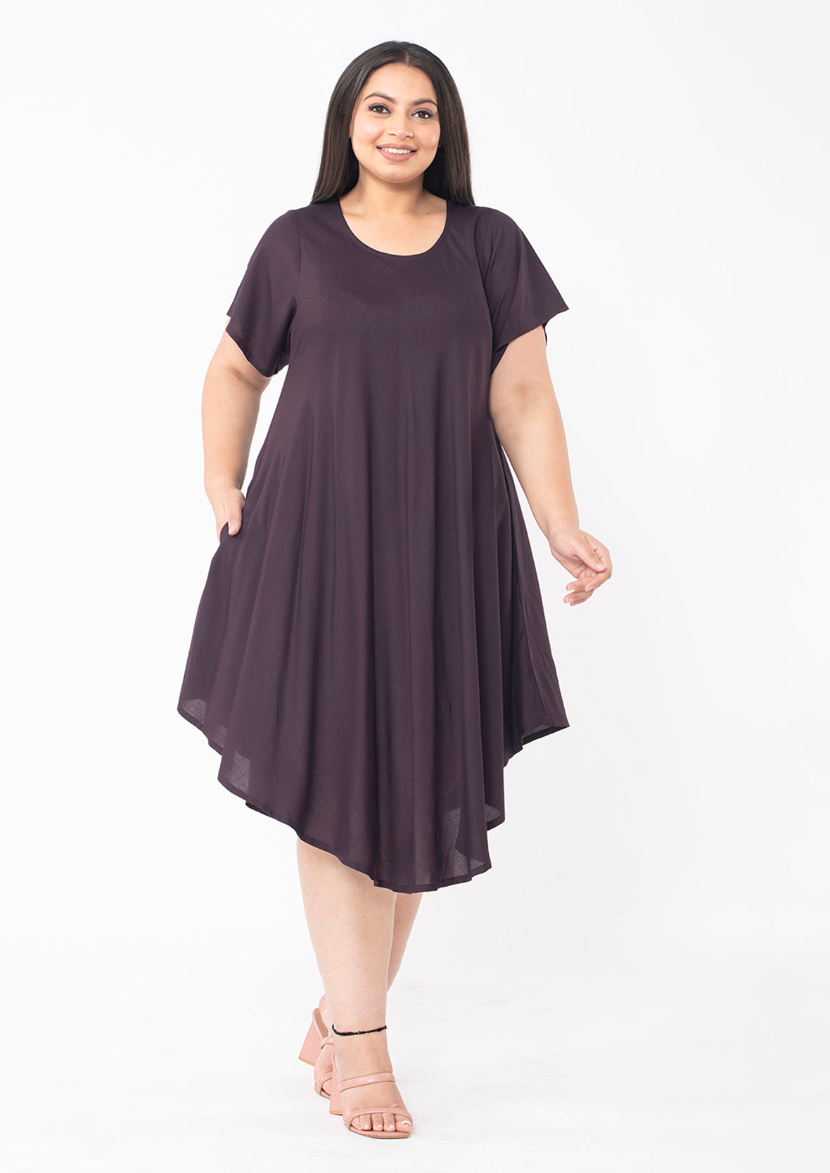 Solid Umbrella Dress With Sleeves & Pockets