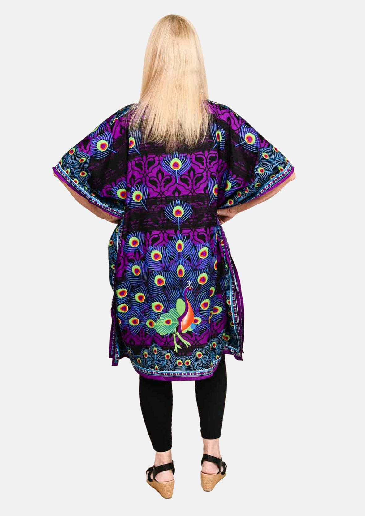 back side of peacock print purple kaftan with pockets #color_Purple Peacock Print