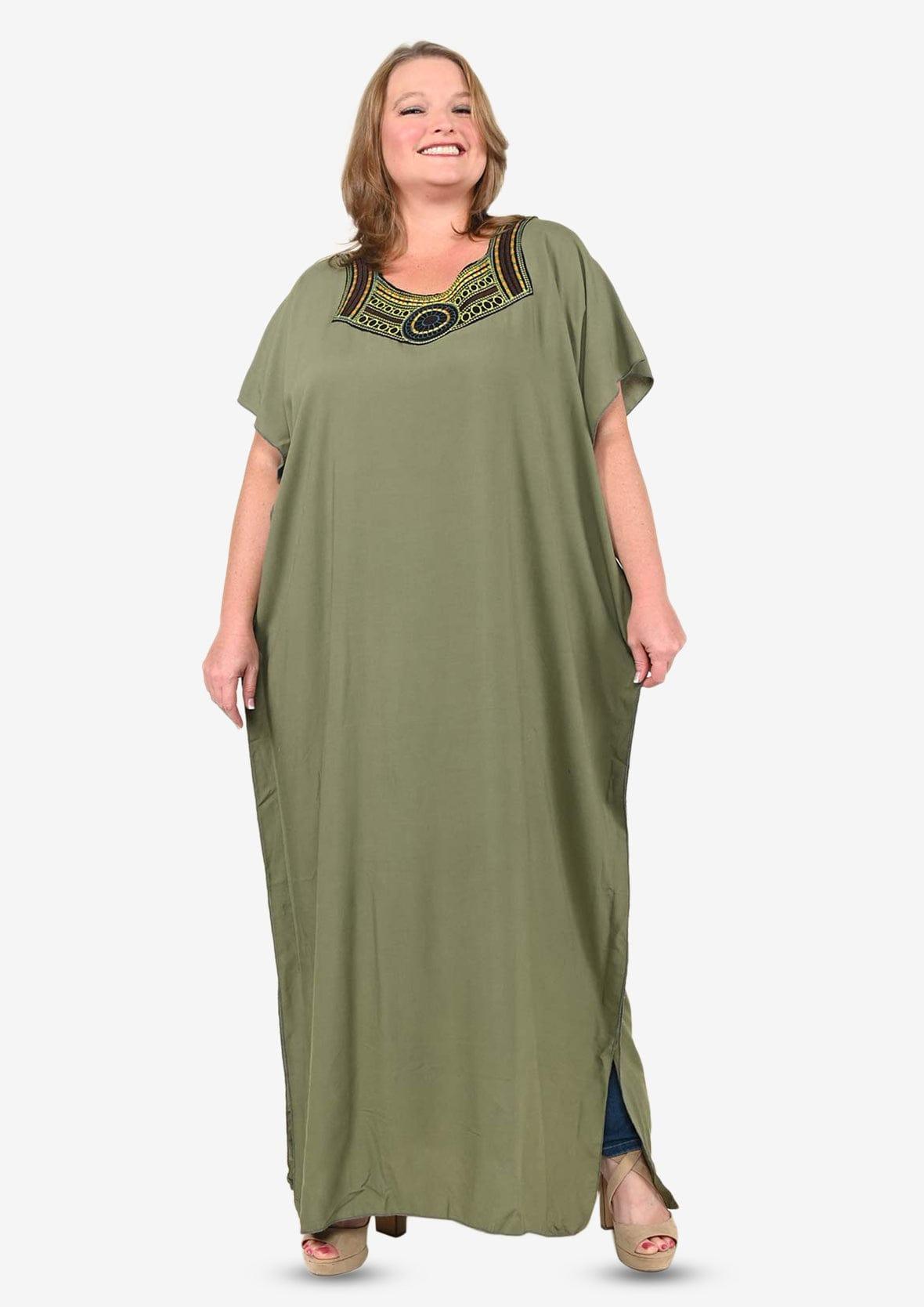 embroidered neck green maxi kaftan #color_Green, Multi  Embroidery