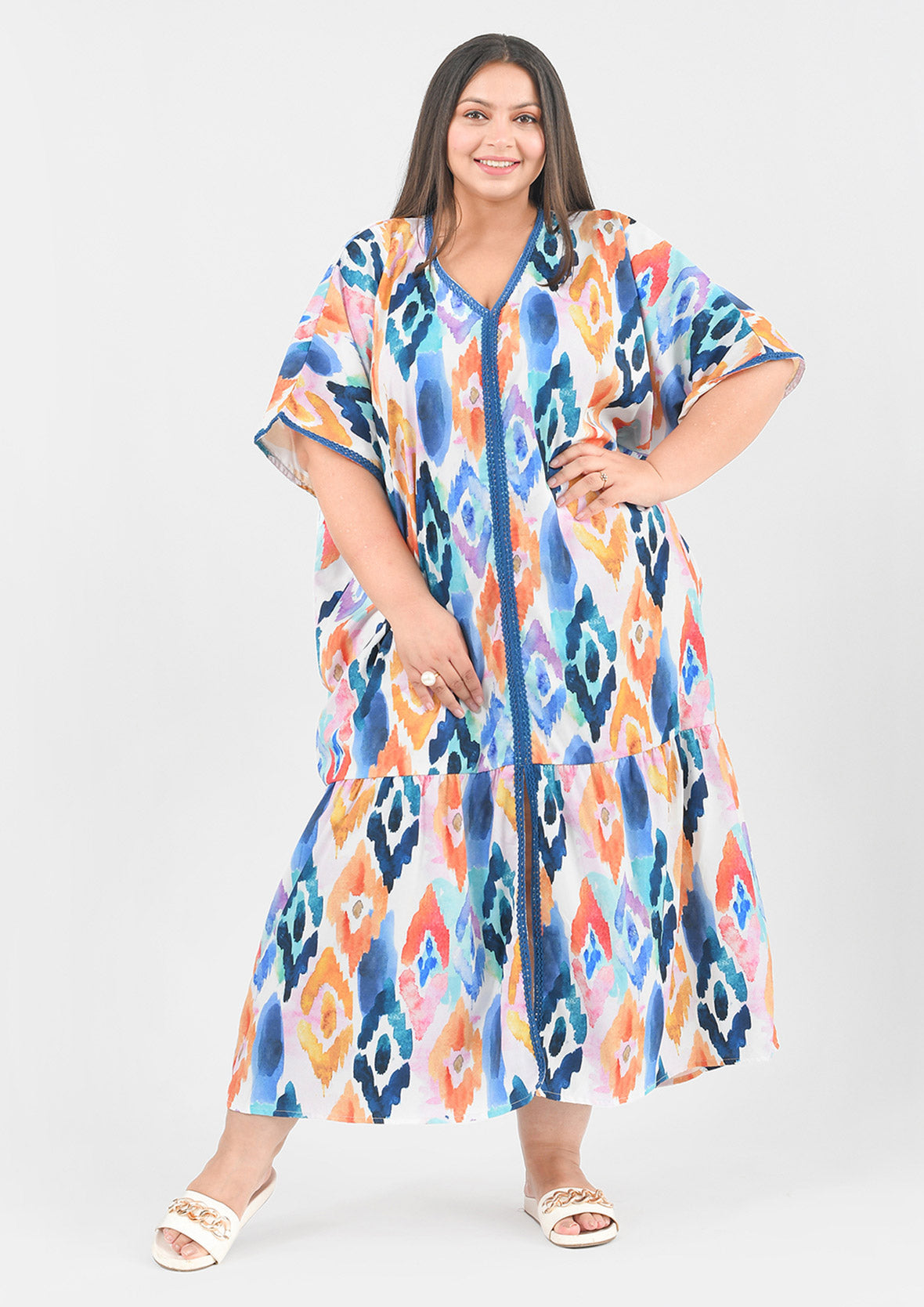 abstract feather print yellow maxi kaftan #color_Navy Yellow White