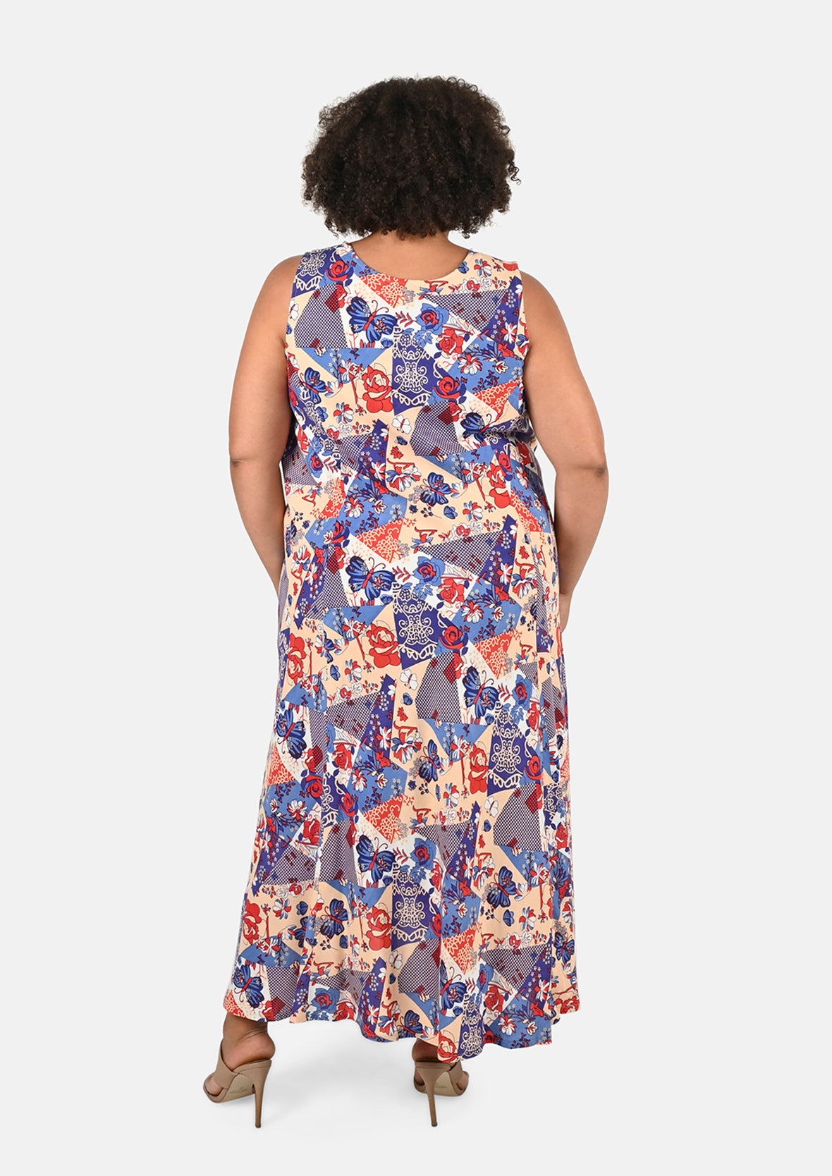 back side of patchwork indigo maxi dress with pockets #color_Indigo Staple Print