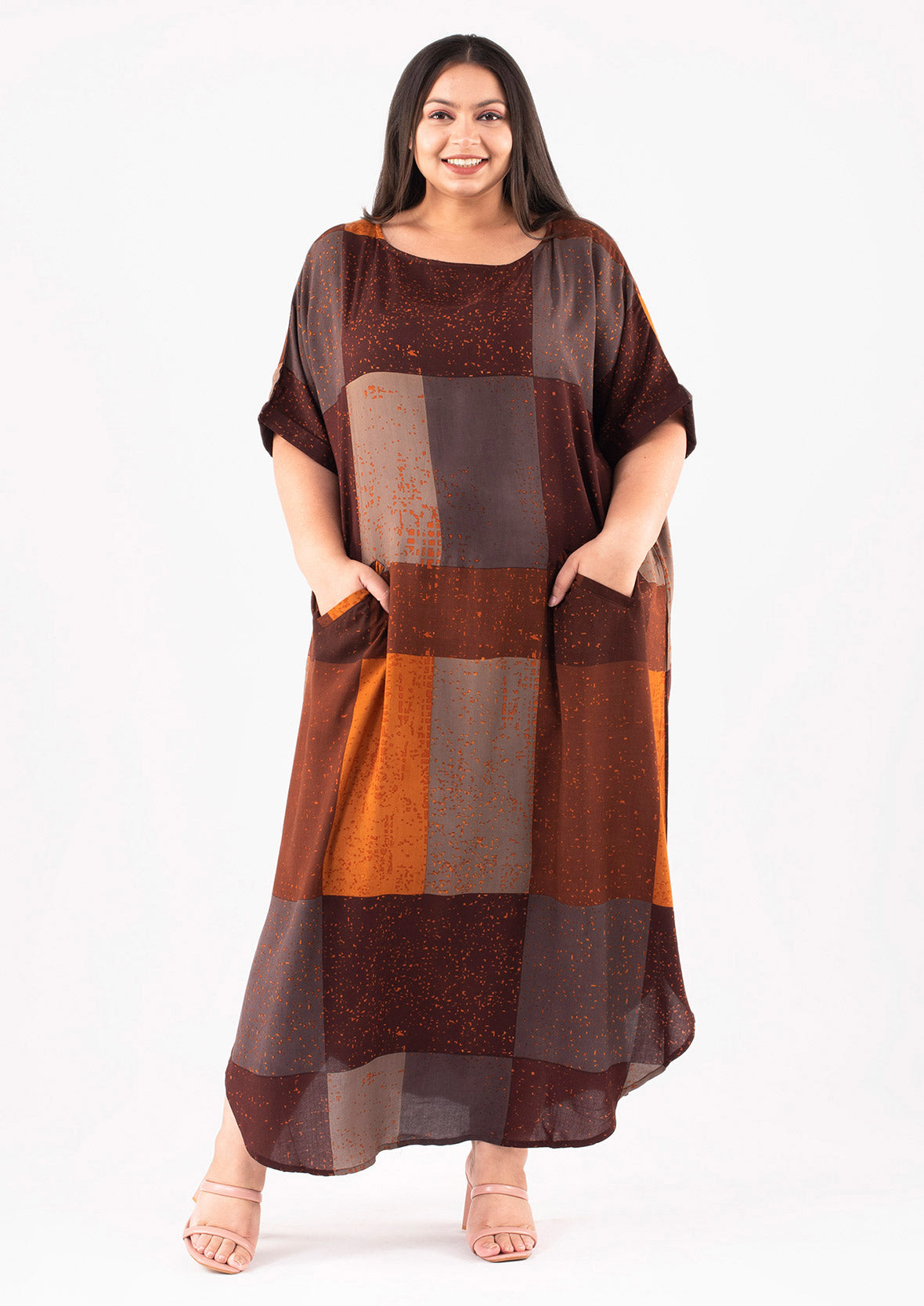 colorblock brown maxi kaftan with pockets #color_Brown Abstract