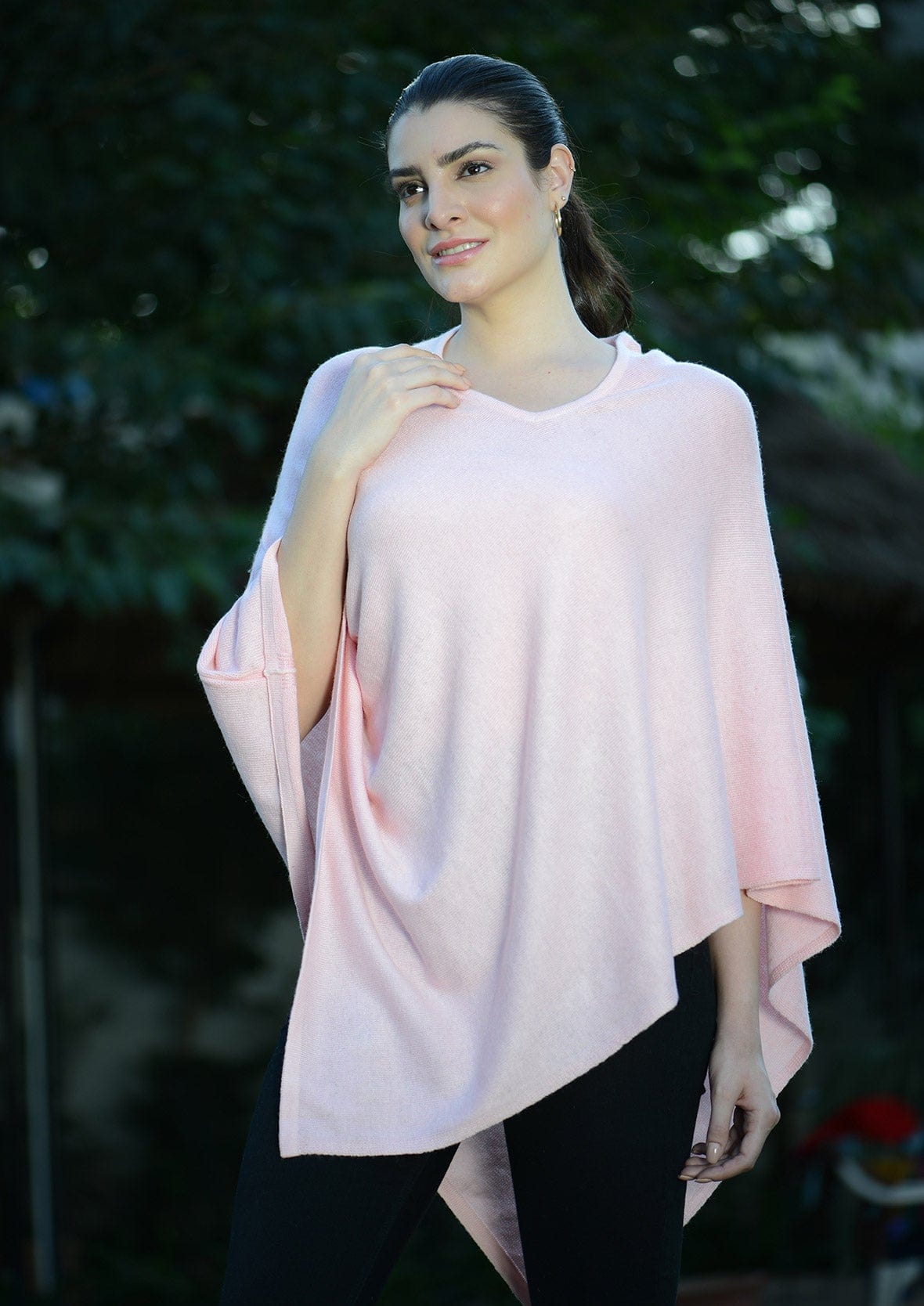 lady wearing cashmere pashmina wool peach poncho #color_Peach Wool