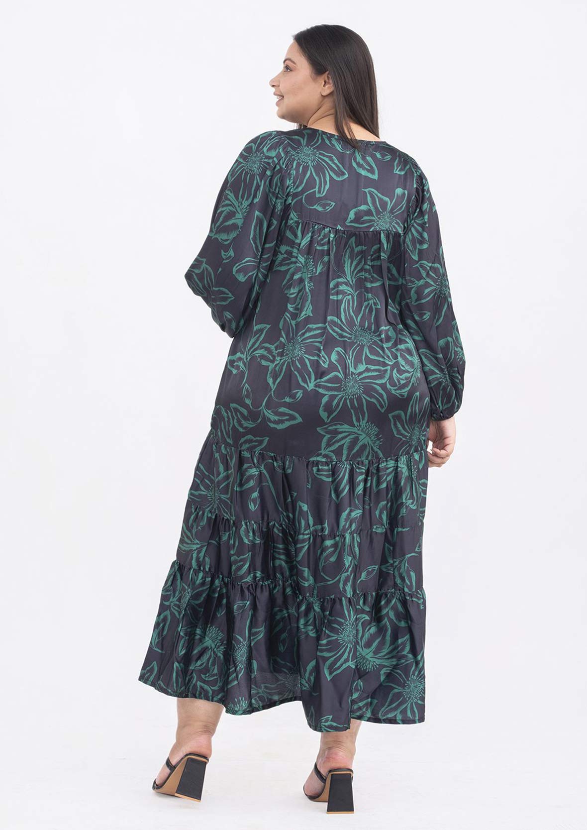 back side of floral print tiered teal midi dress #color_Teal Passion Flower Print