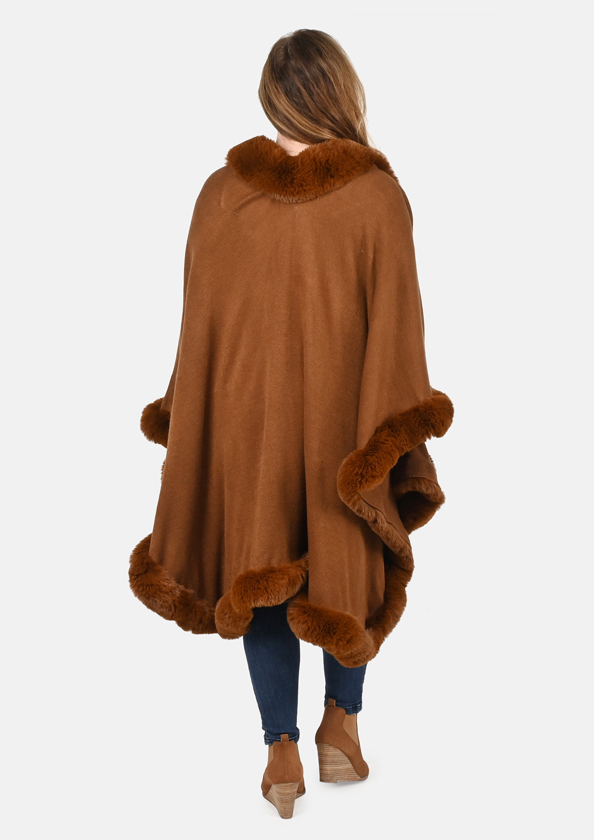 back side of super-soft brown ruana with faux fur trim #color_Brown