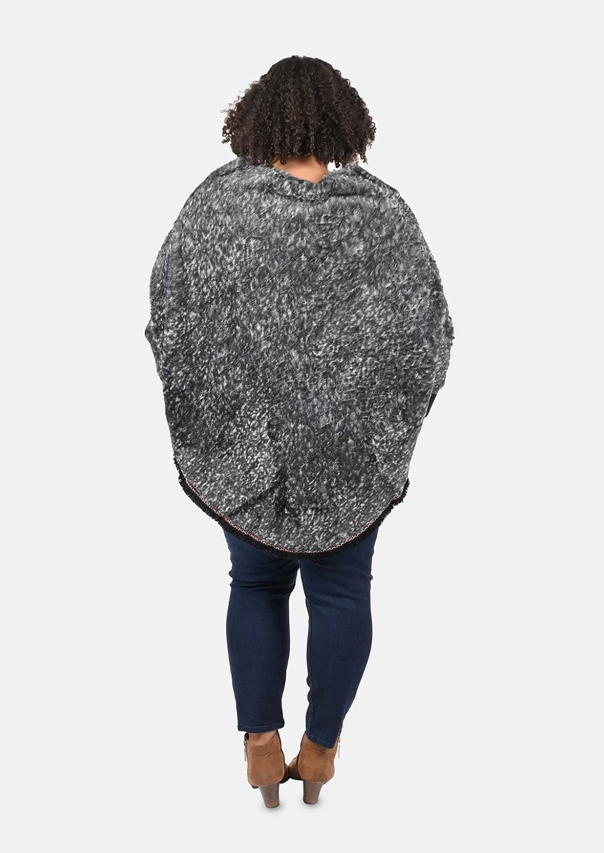 back side of faux fur black poncho with lace border #color_Black Textured