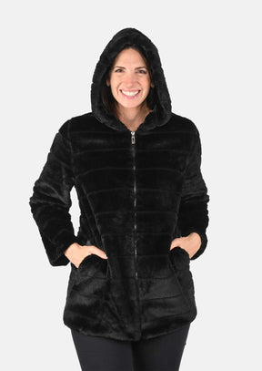 Luxe Striped Hooded Faux Fur Coat