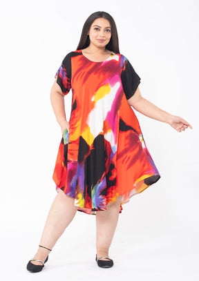 Vibrant Umbrella Dress With Sleeves & Pockets