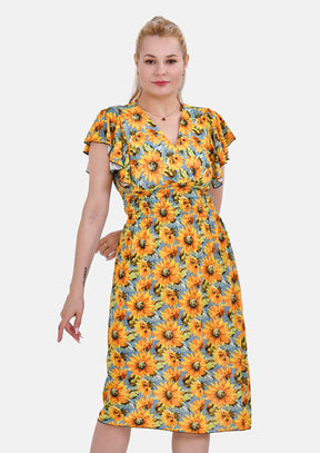 Smocked Waist Midi Dress with Sleeves