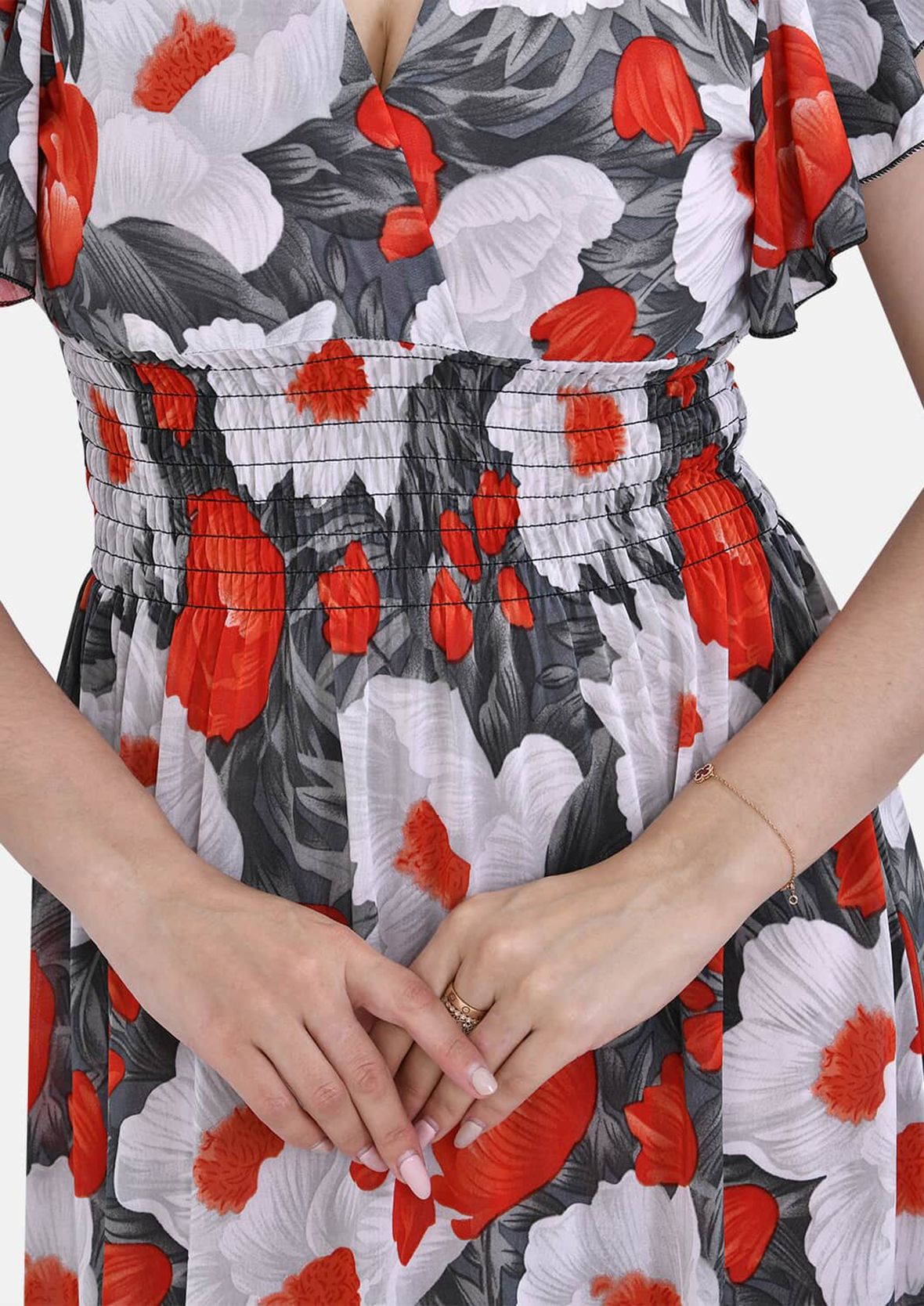 Smocked Waist Midi Dress with Sleeves