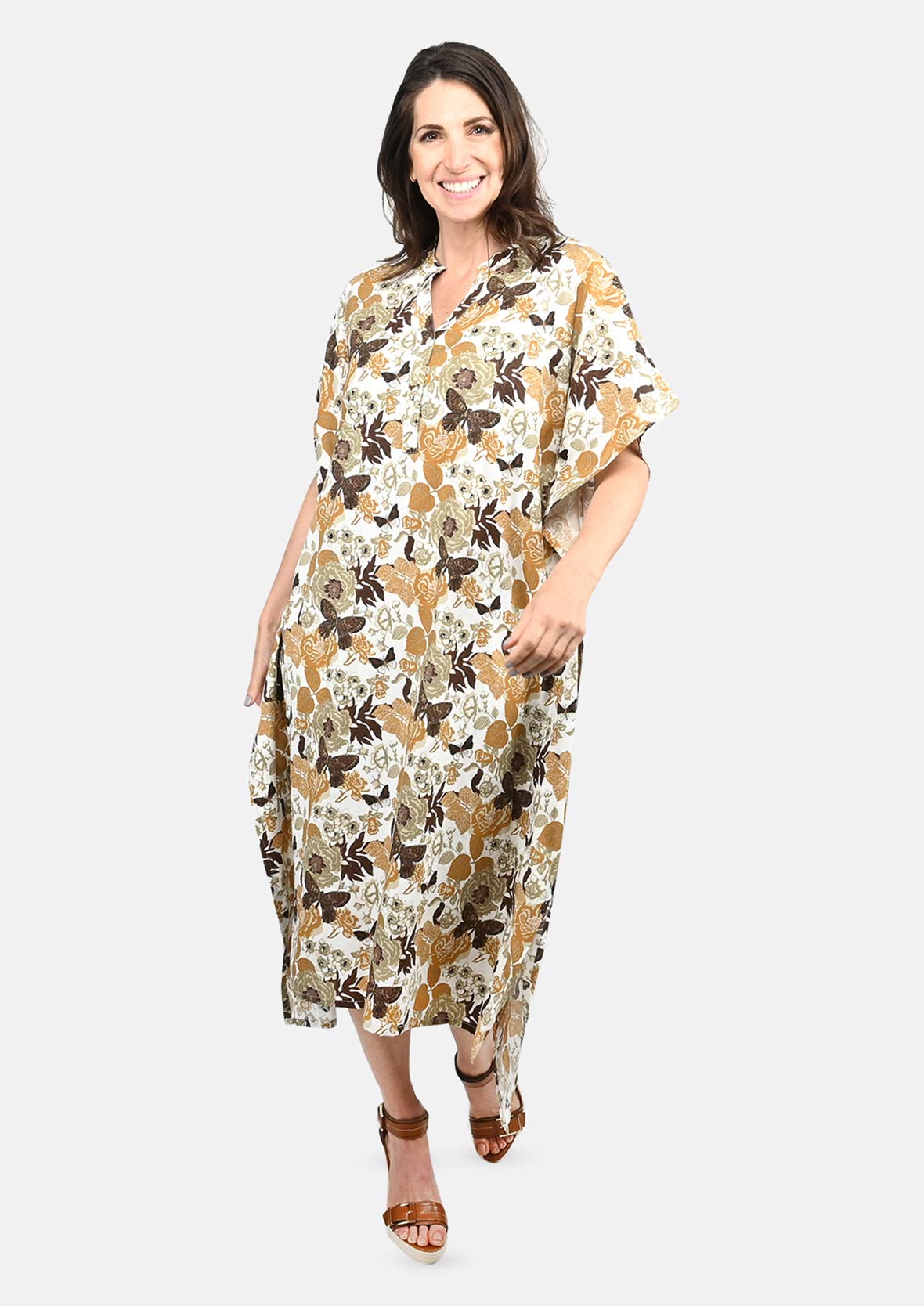Floral Midi Kaftan With Front Button