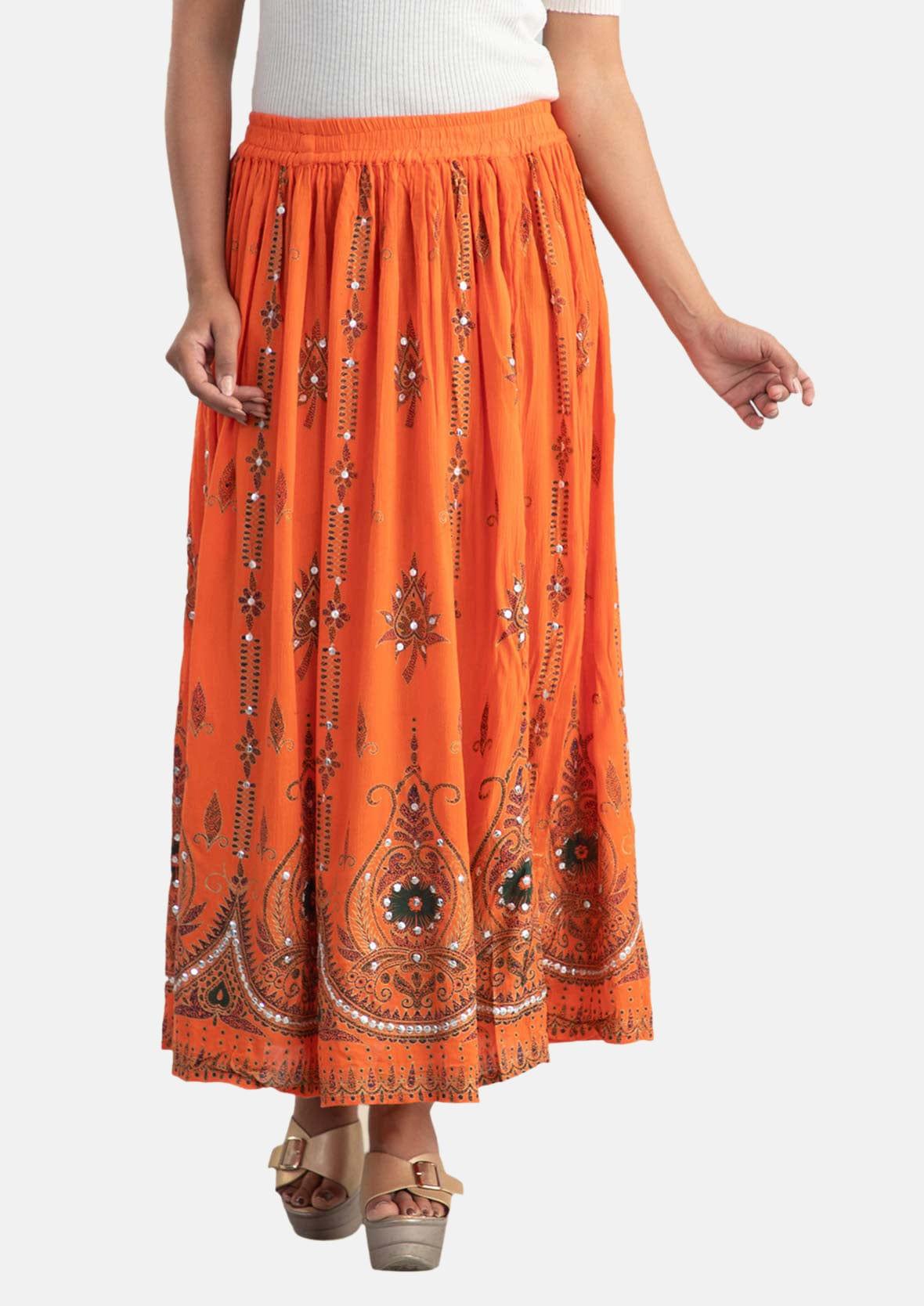 sequin embellished orange long skirt #color_Orange, Screen Print