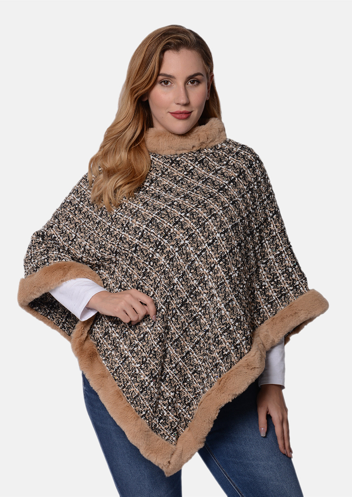 tweed beige poncho with faux fur trim #color_Beige Checkered