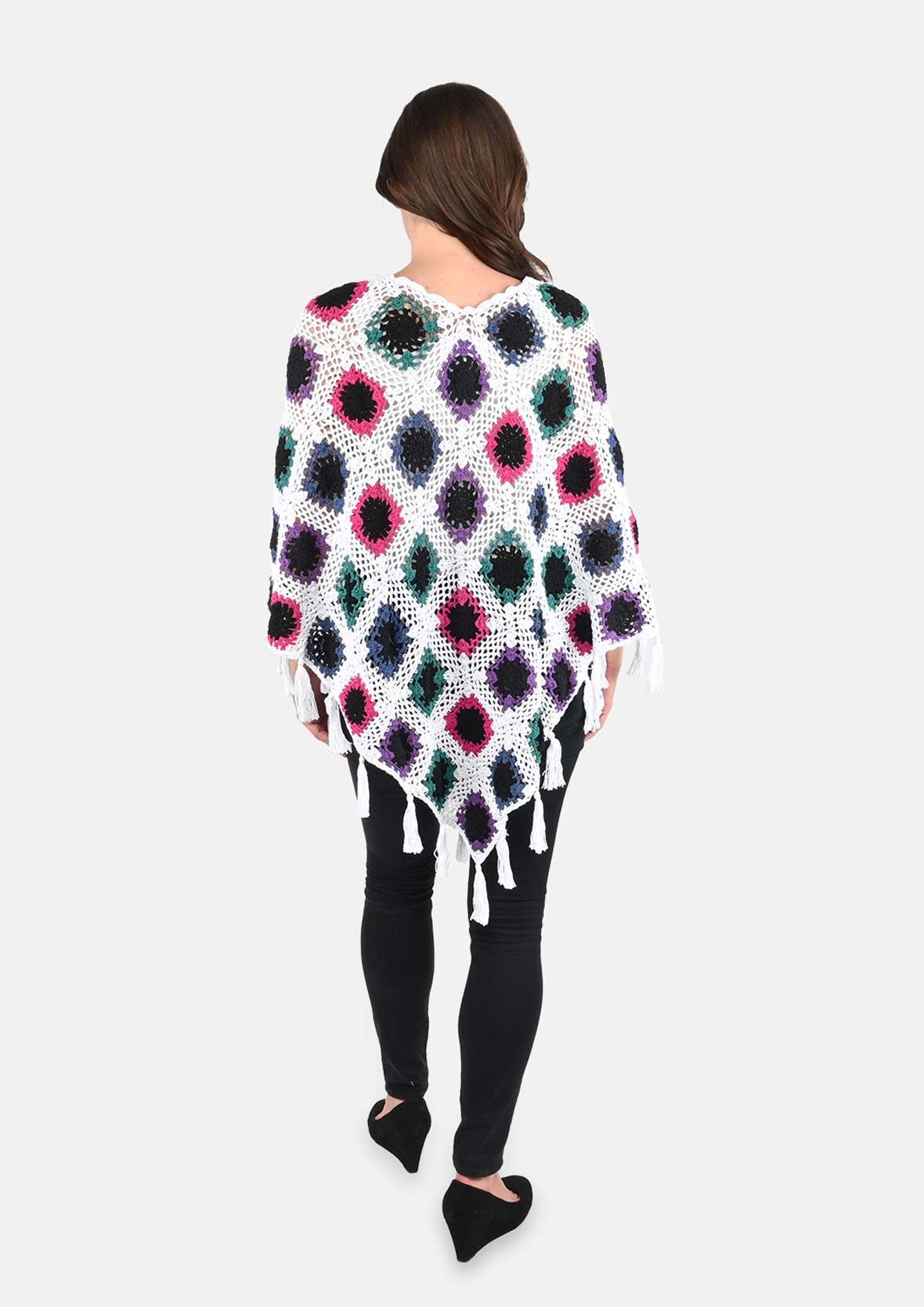 back side of cotton crochet square white poncho #color_White With Multi Pattern