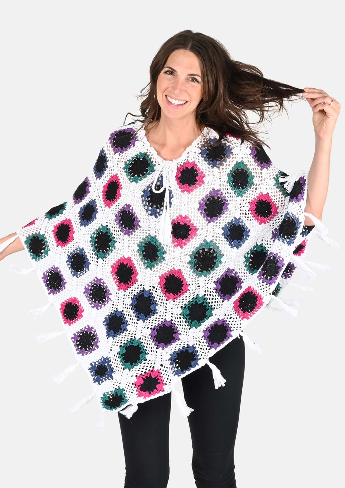 front look of cotton crochet square white poncho #color_White With Multi Pattern