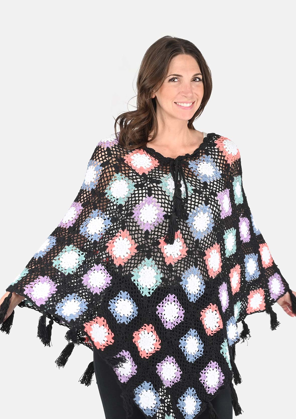 front look of cotton crochet square black poncho #color_Black With Multi Pattern