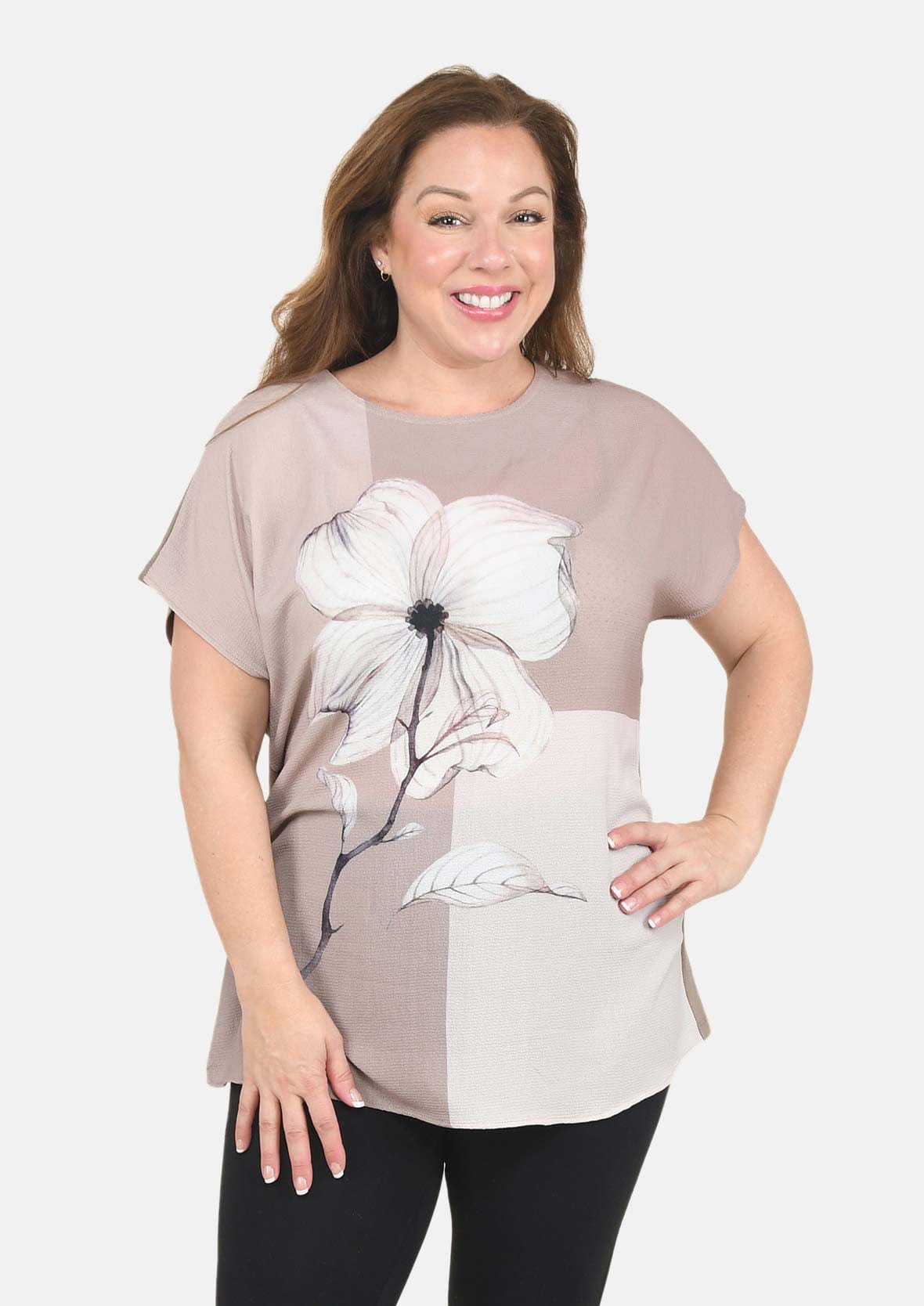 lady wearing floral pattern drop sleeve beige white top #color_Beige White Floral