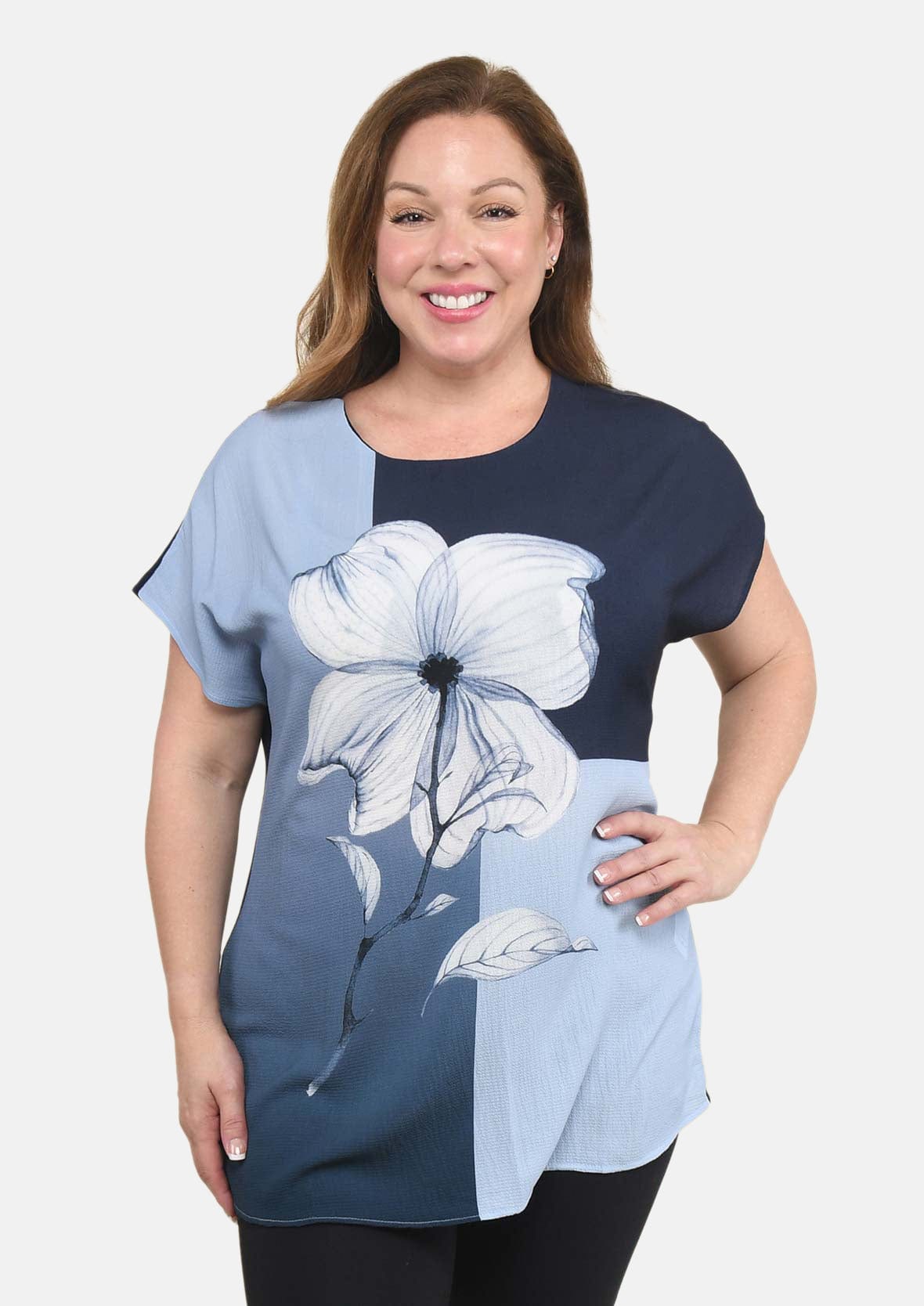 lady wearing floral pattern drop sleeve navy white top #color_Navy White Floral