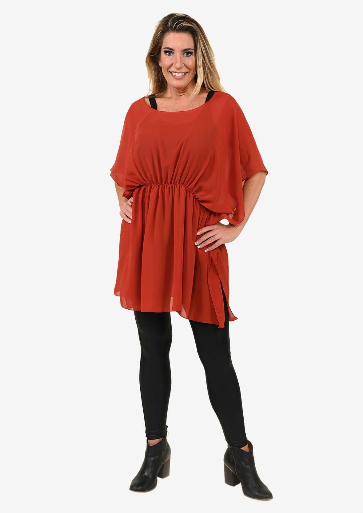 chiffon drape red top with gathered waist #color_Burgundy red