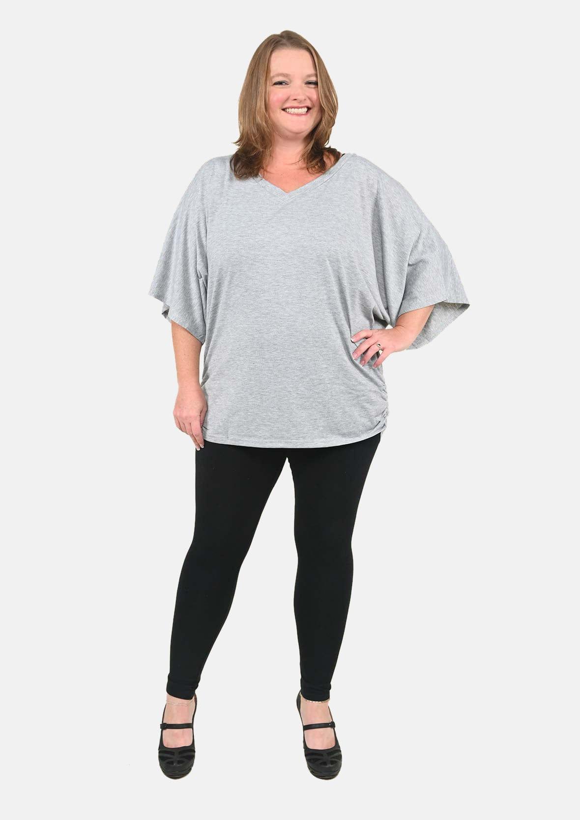 v neck batwing gray top #color_Cloudy Gray