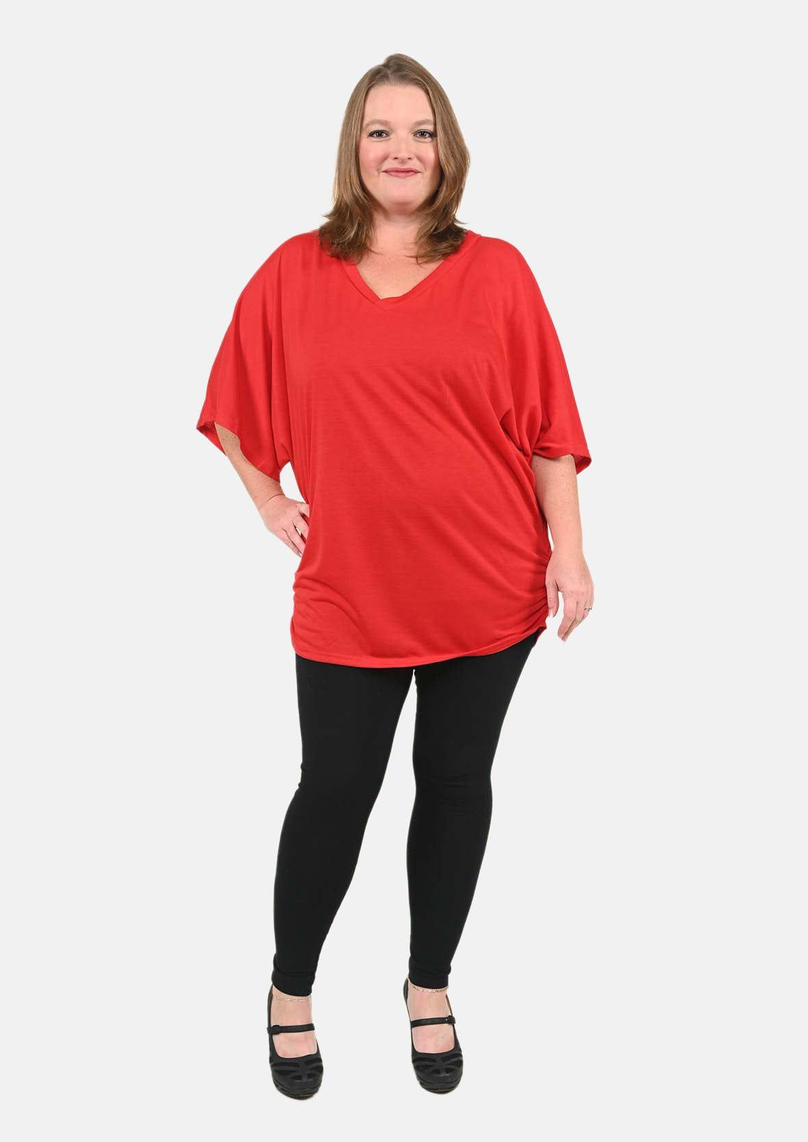 v neck batwing red top #color_Bright Red