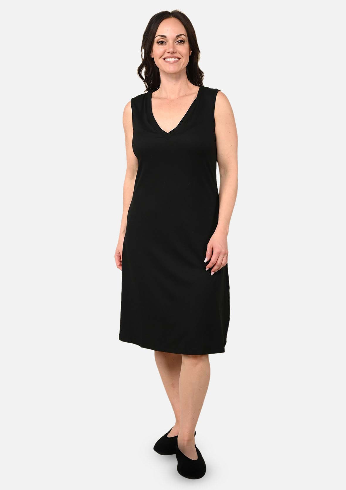 sleeveless v-neck black dress #color_Ebony Black