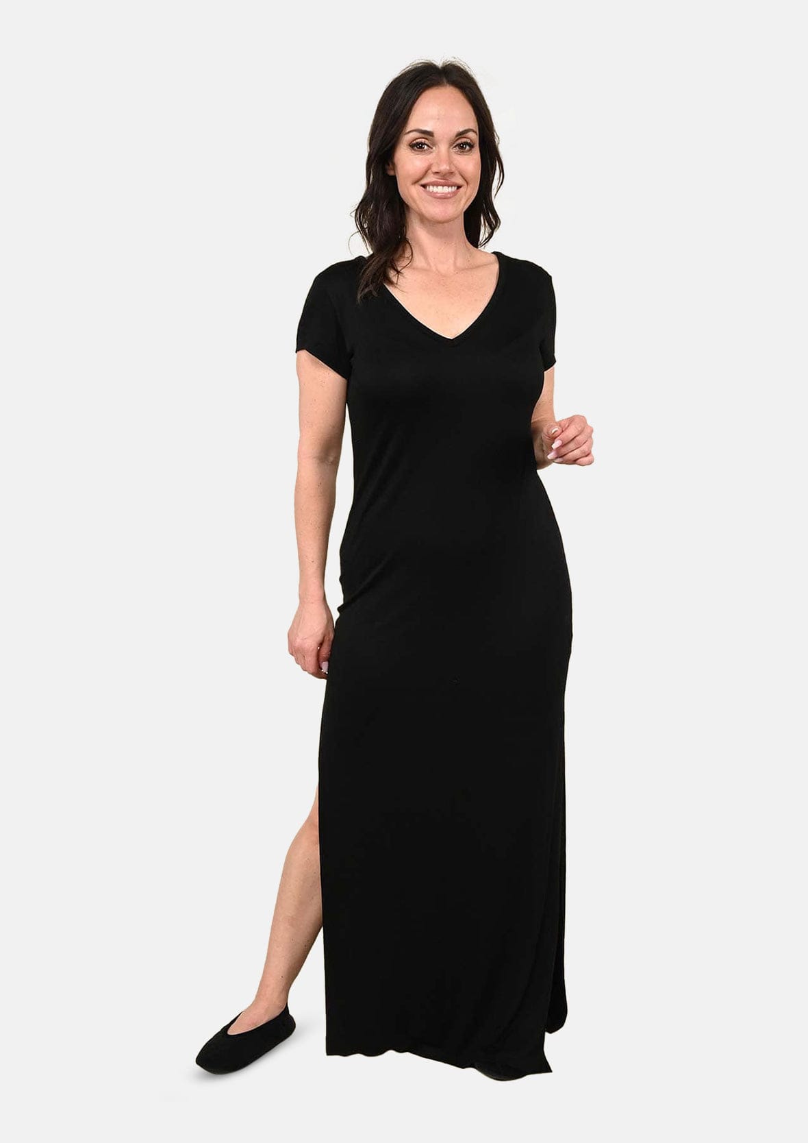 v-neck black maxi dress with side slits #color_Ebony Black