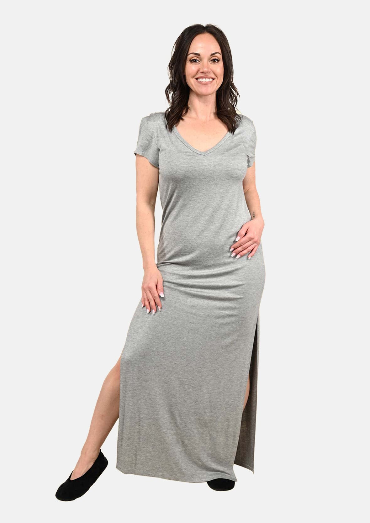 v-neck gray maxi dress with side slits #color_Smoke Gray