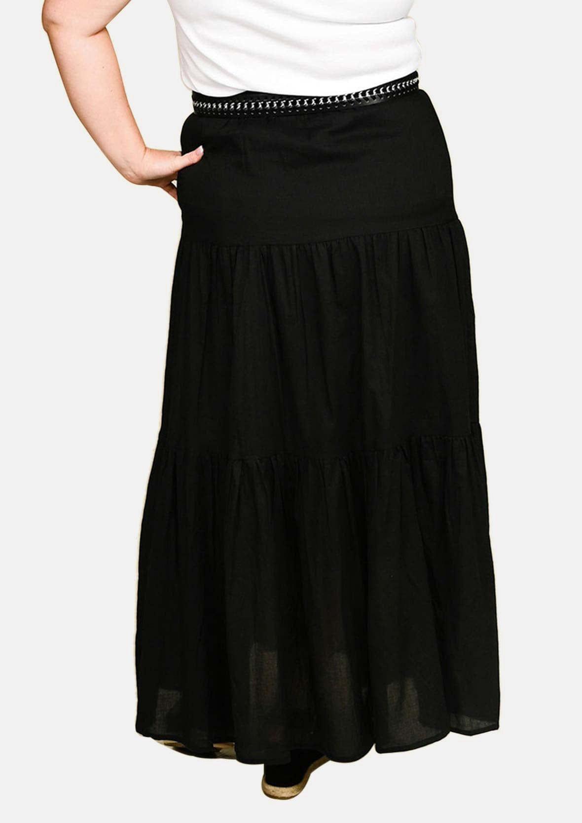 back side of tiered solid black maxi skirt #color_Dark Black