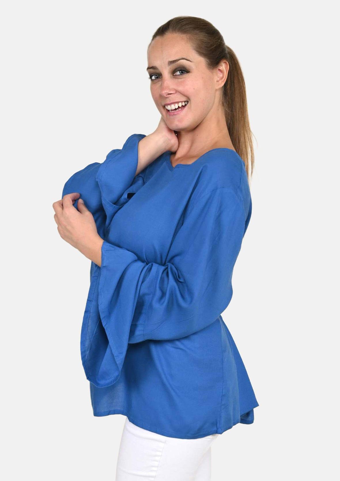 side look of bell sleeves solid blue top #color_Azure Blue