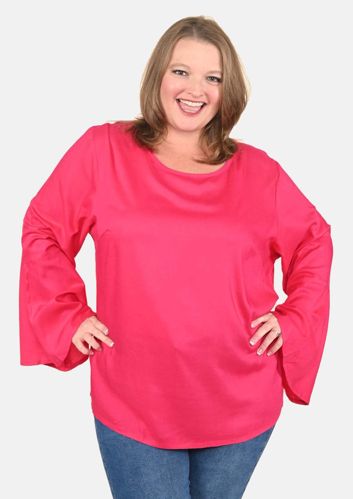 bell sleeves solid hot pink top #color_Hot Pink