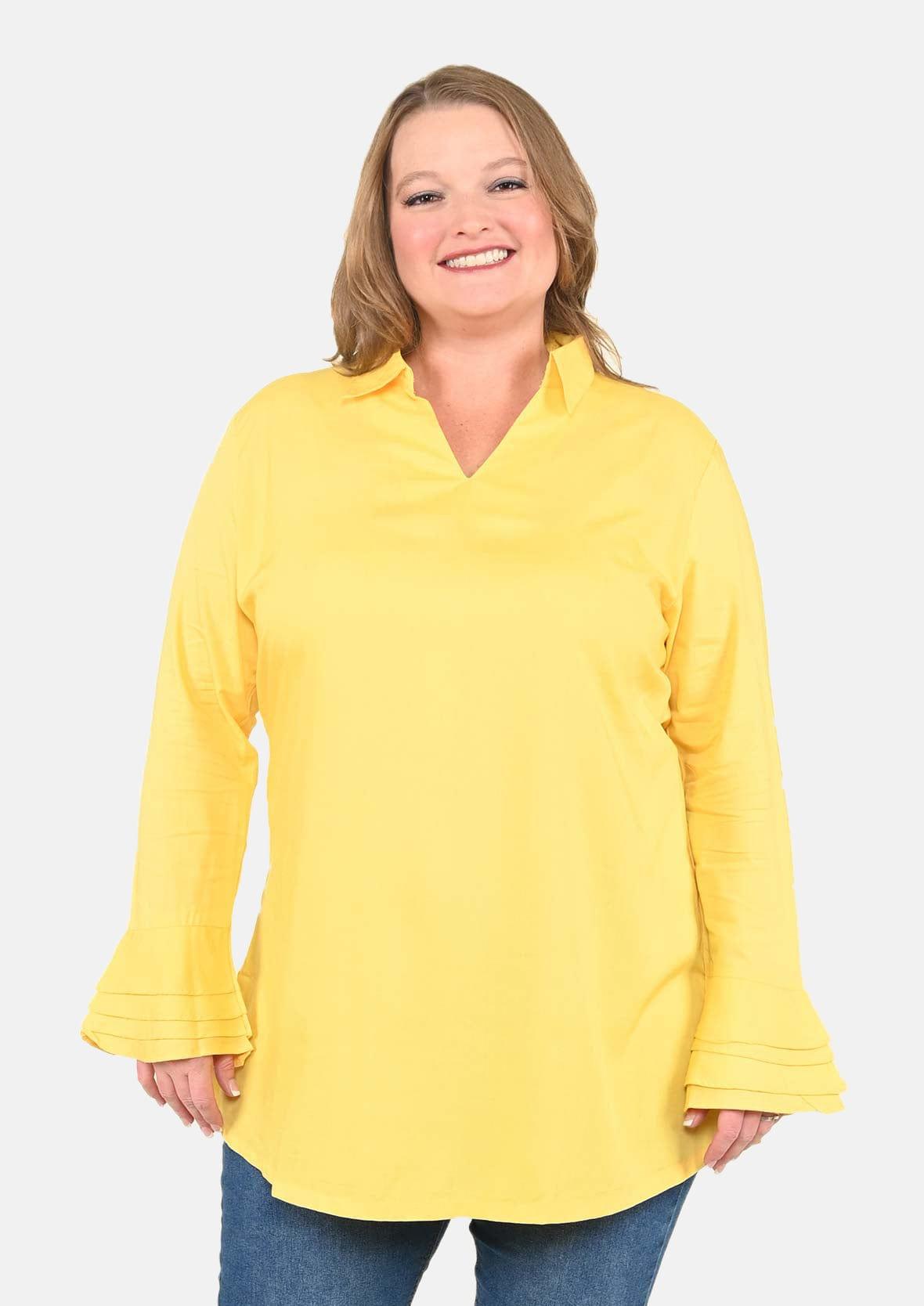 collared flounce sleeves yellow top #color_Lemon Yellow