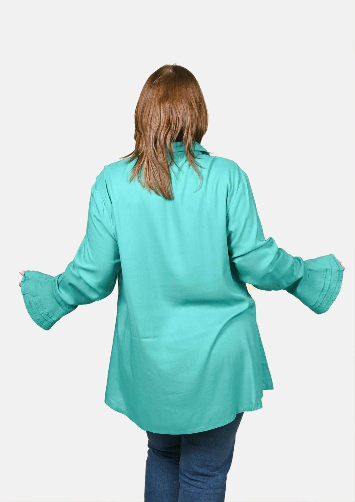 back side of collared flounce sleeves green top #color_Turquoise Green