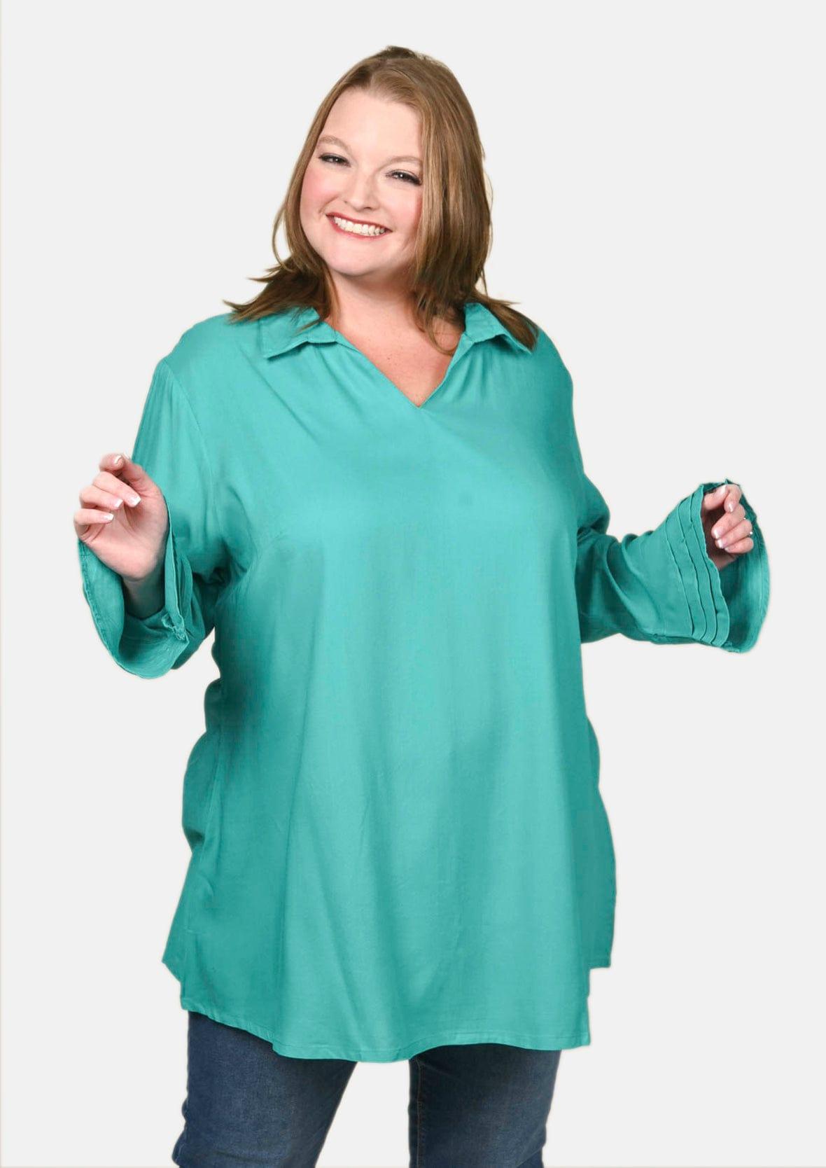 front look of collared flounce sleeves green top #color_Turquoise Green