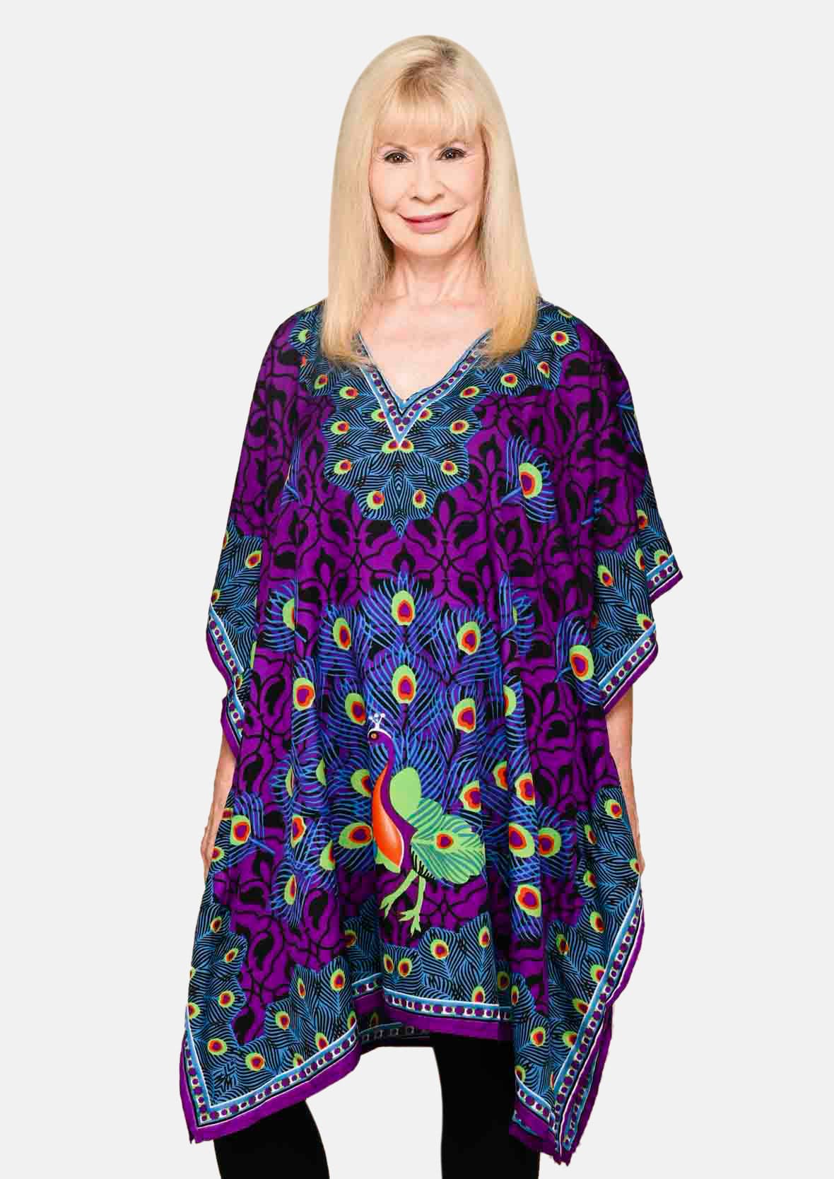 peacock print purple kaftan with pockets #color_Purple Peacock Print