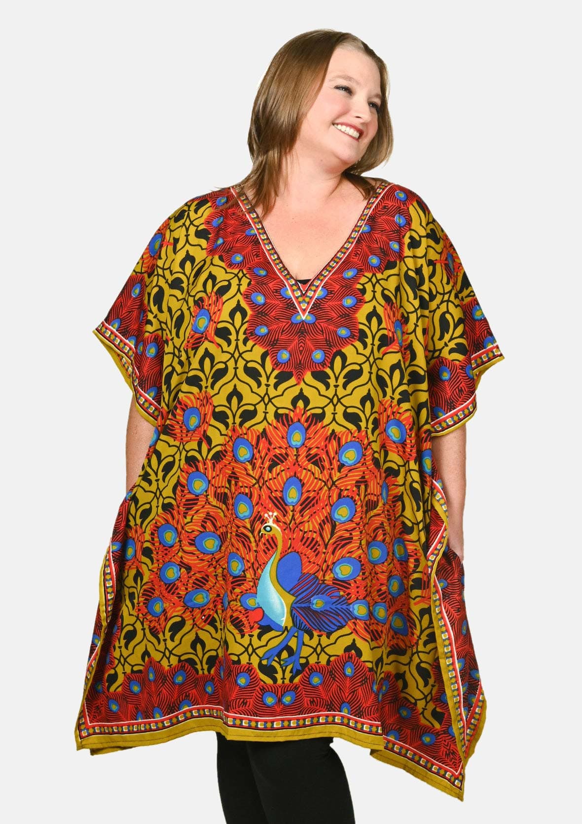front look of peacock print yellow kaftan with pockets #color_Yellow Peacock Print