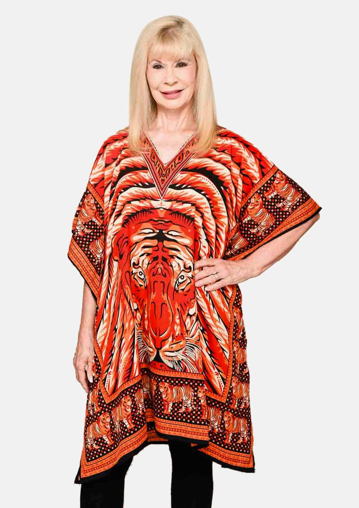 tiger print red kaftan with pockets #color_Red Tiger Screen Print