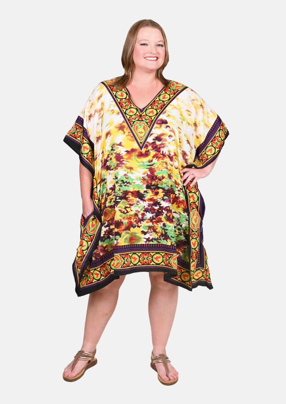 floral yellow short kaftan with pockets #color_Yellow Green Floral