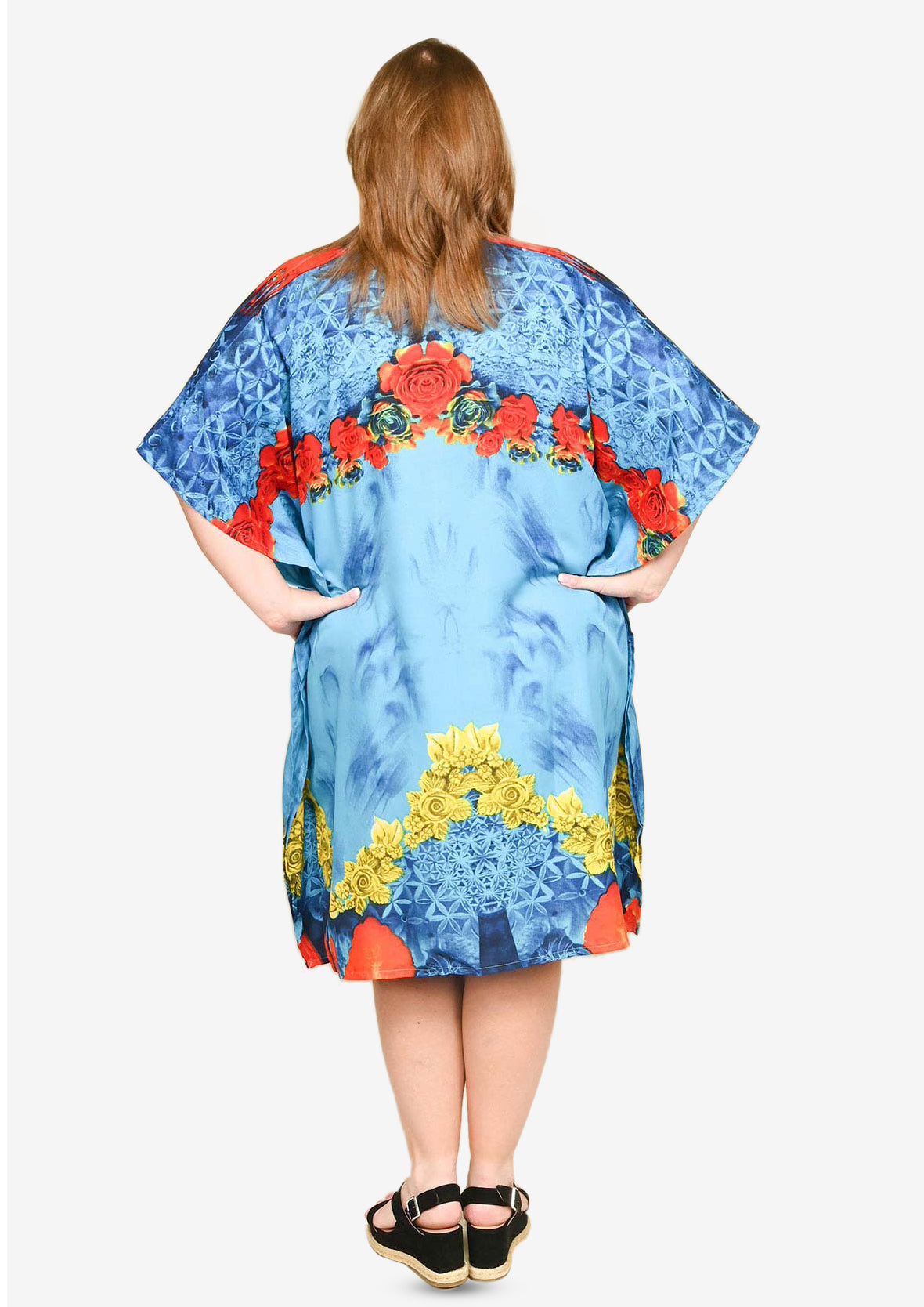 back side of kaleidoscope print teal kaftan with pockets #color_Teal Multi Tropical