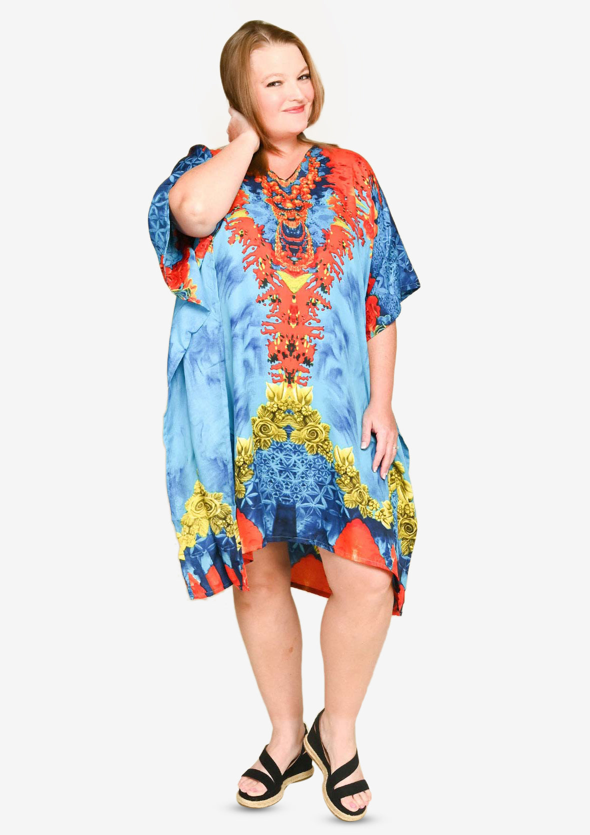 front look of kaleidoscope print teal kaftan with pockets #color_Teal Multi Tropical