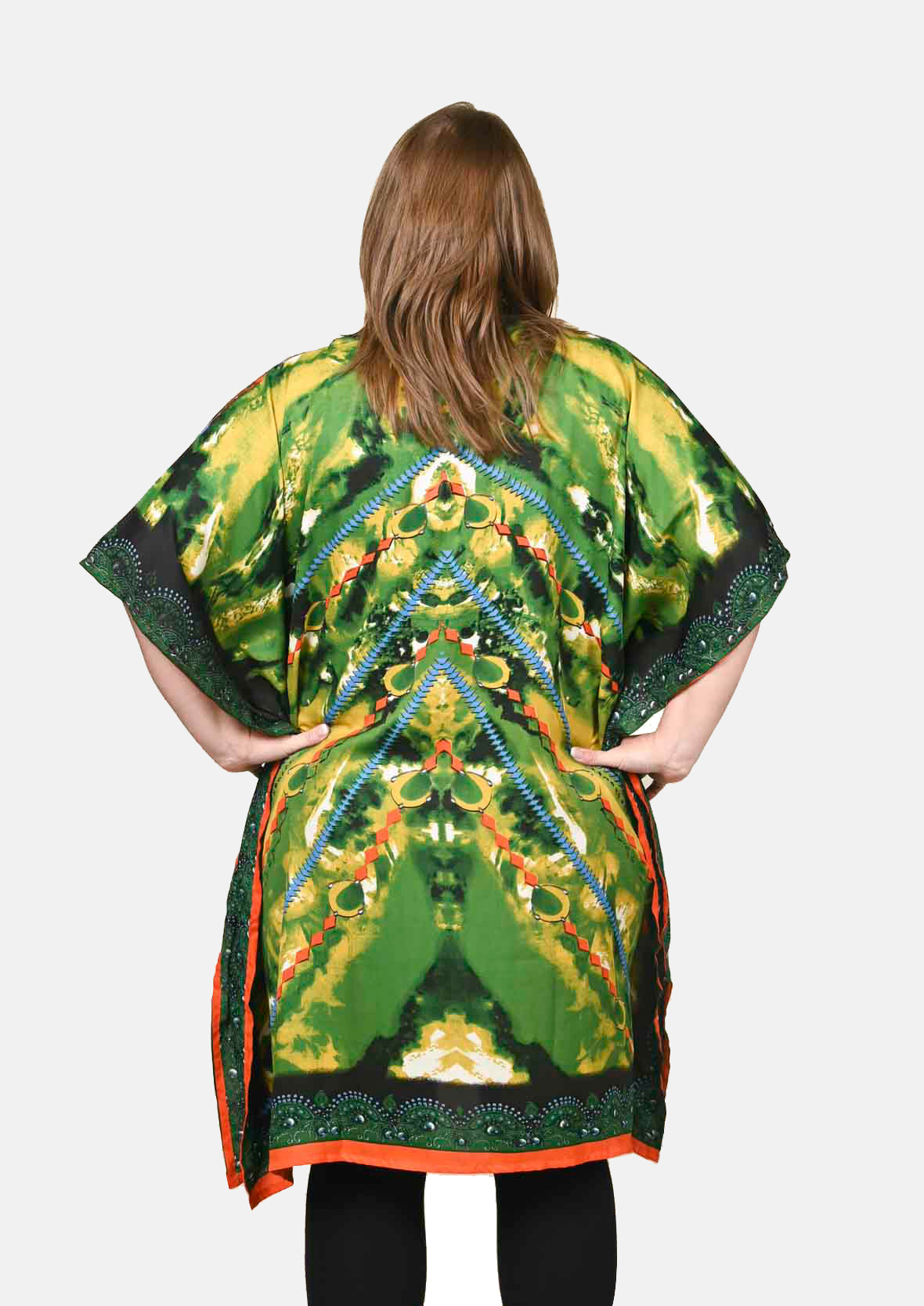 back side of tiki print green kaftan with pockets #color_Green Yellow Fantasy
