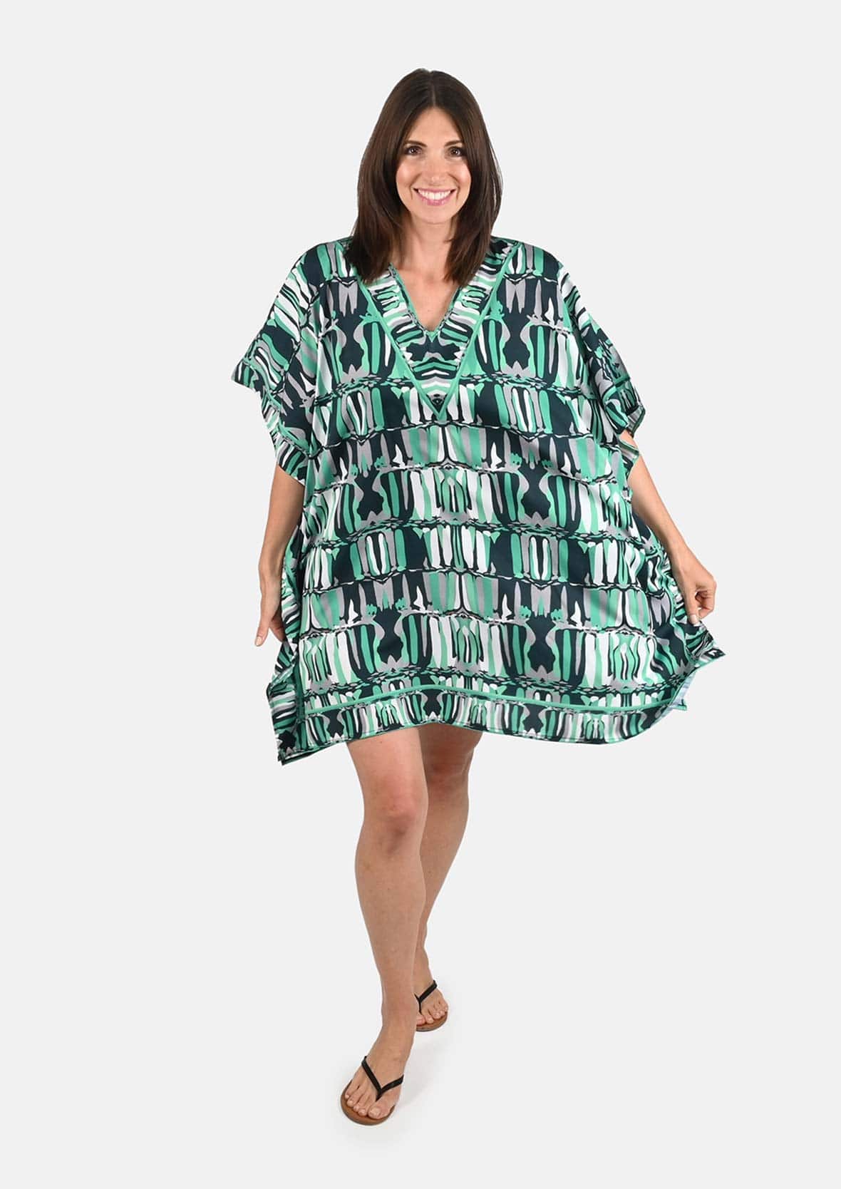 abstract print green kaftan with side pockets #color_Sage Green Abstract