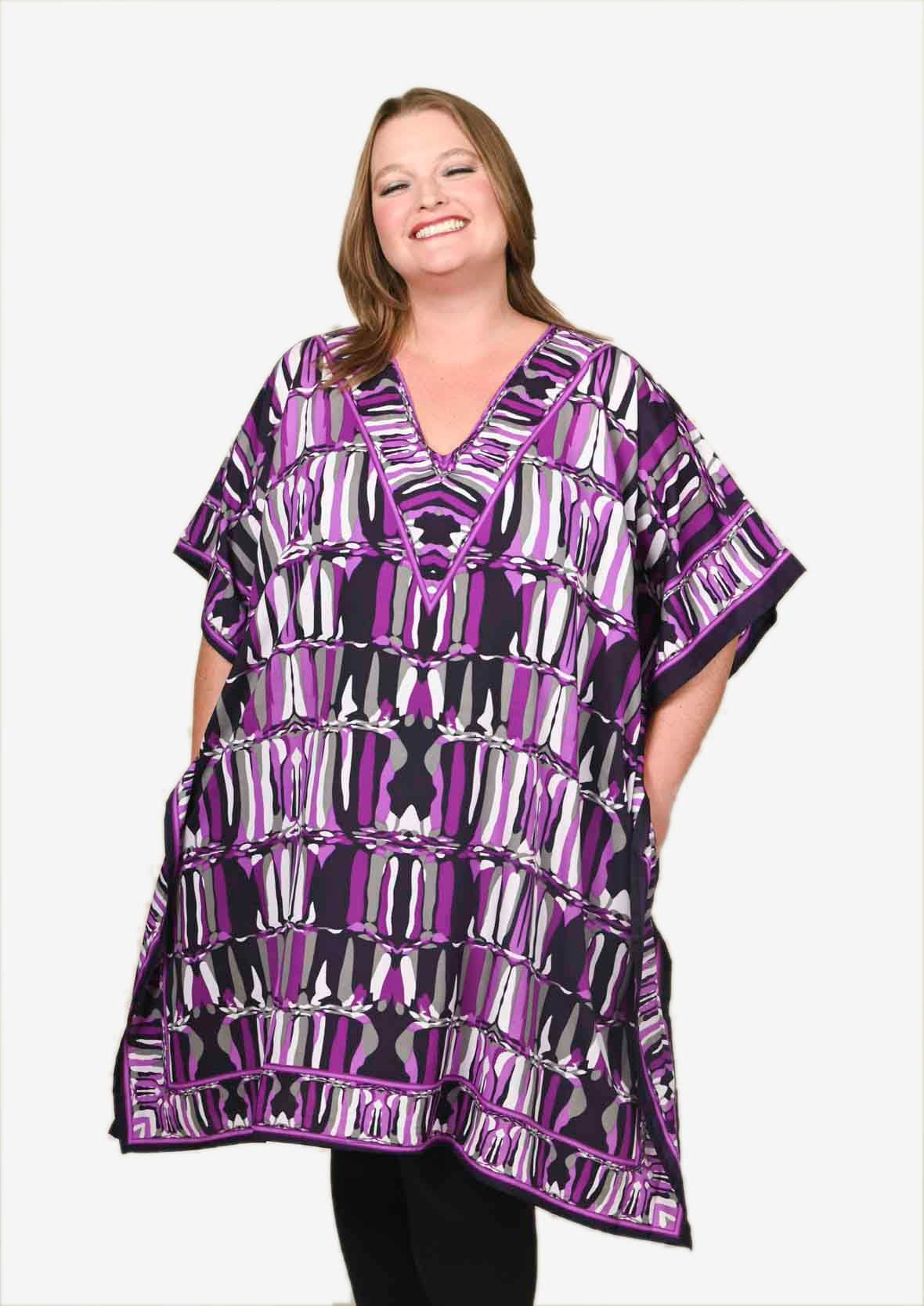 abstract print purple kaftan with side pockets #color_Purple Abstract