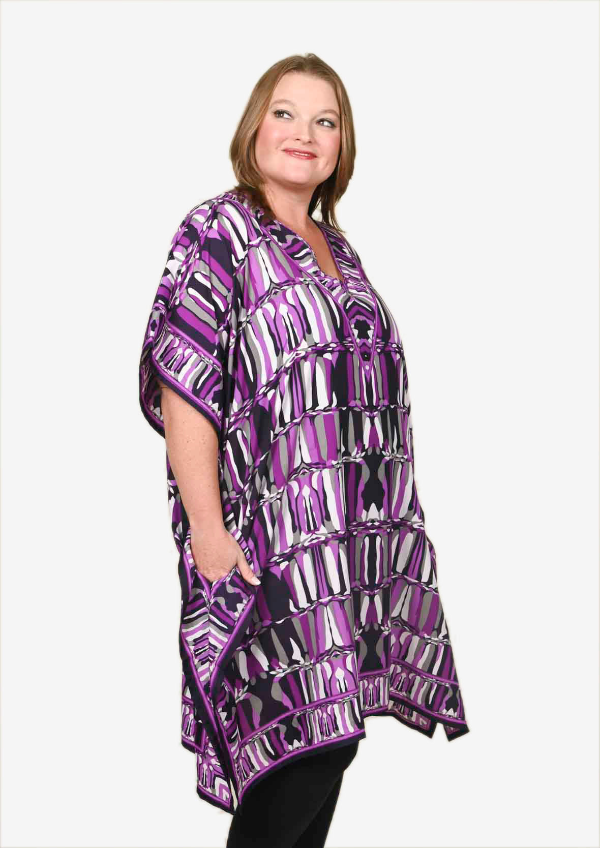 side look of abstract print purple kaftan with side pockets #color_Purple Abstract