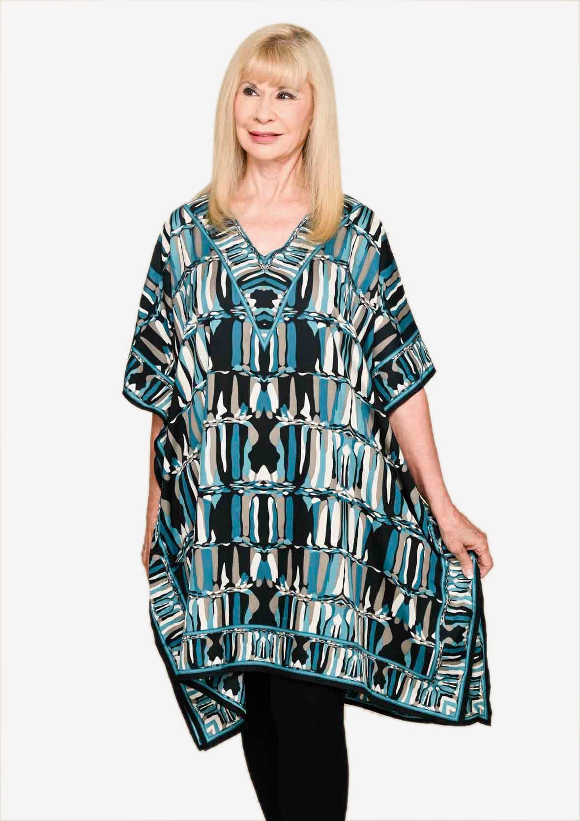 abstract print turquoise kaftan with side pockets #color_Turquoise Abstract