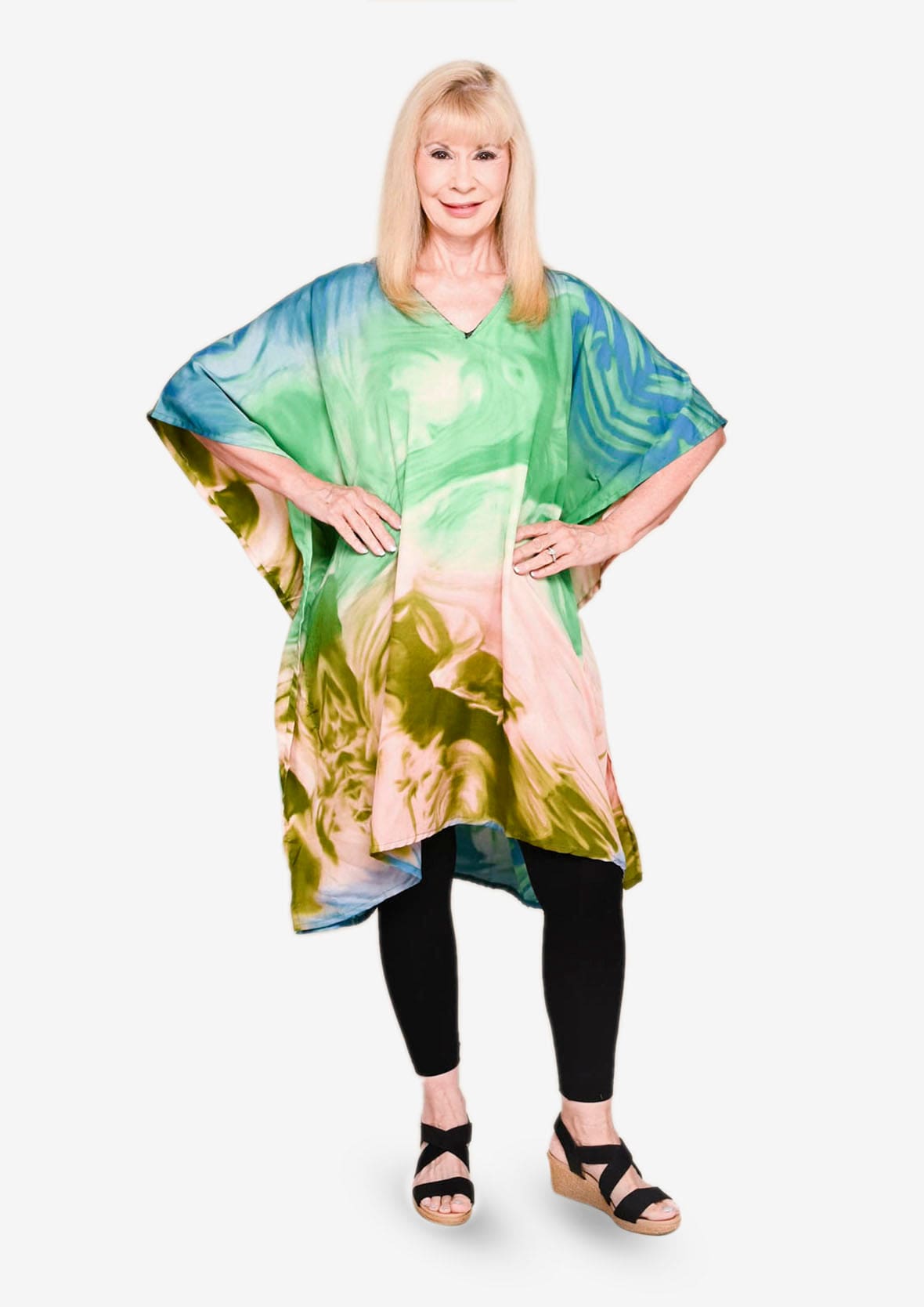 marble print green yellow kaftan with pockets #color_Marble Green Yellow