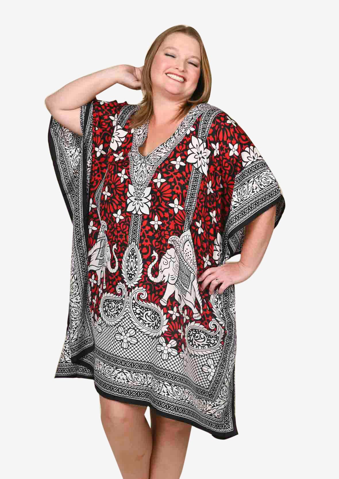 elephant print red kaftan with pockets #color_Red White Paisley