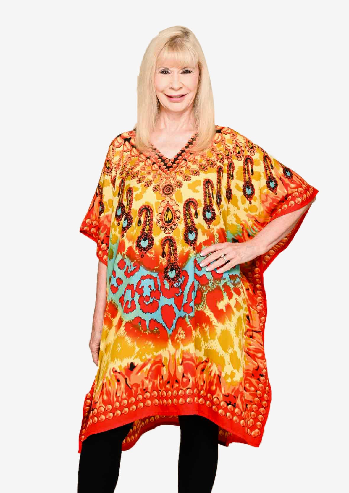 front look of cheetah print orange kaftan with pockets #color_ Orange Multi Cheetah