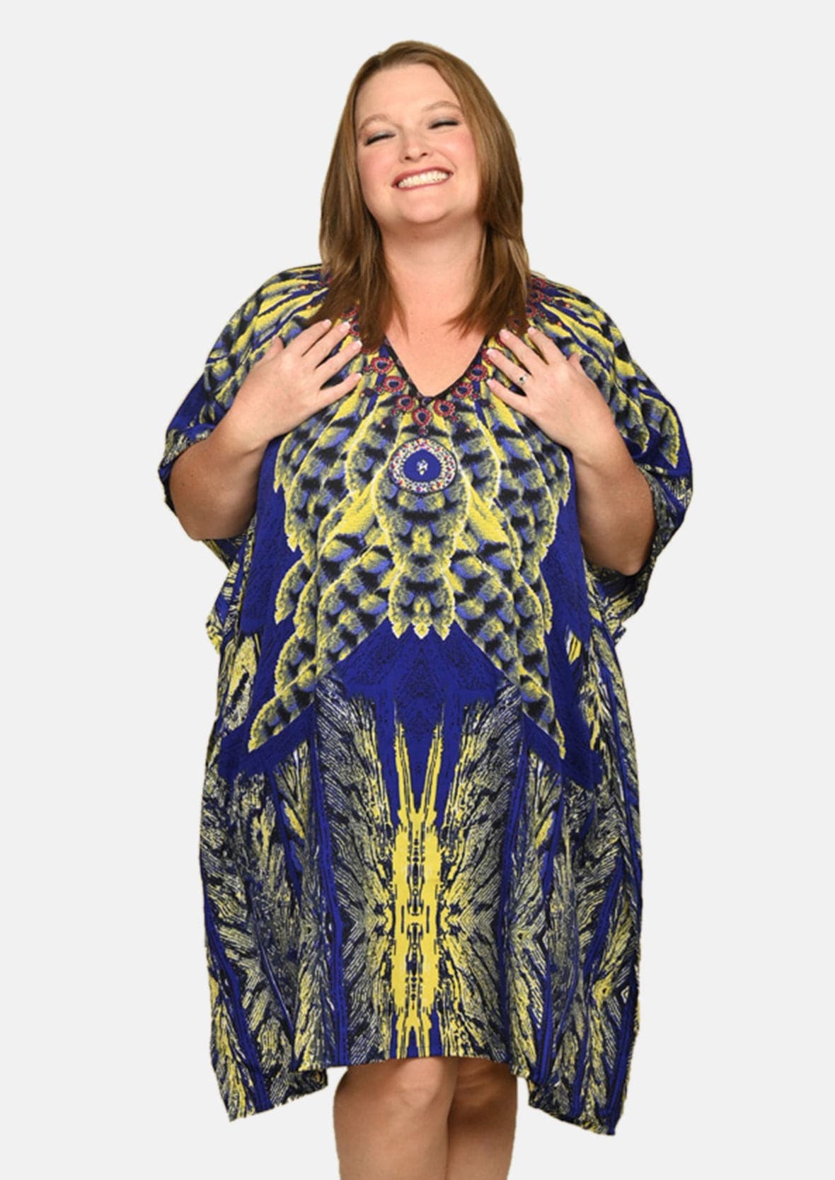 feather print blue kaftan with pockets #color_Blue Yellow