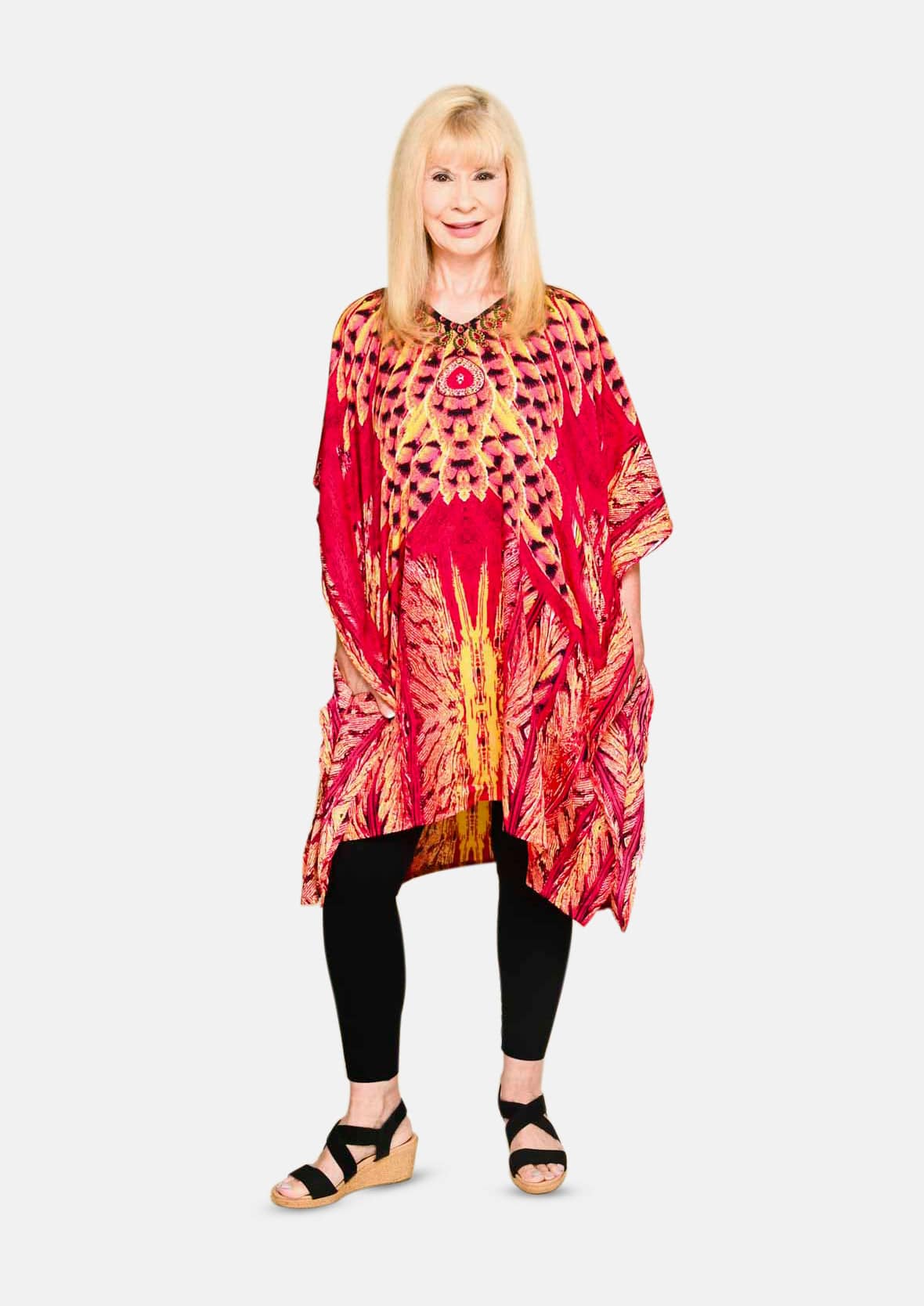 feather print pink kaftan with pockets #color_Pink Yellow